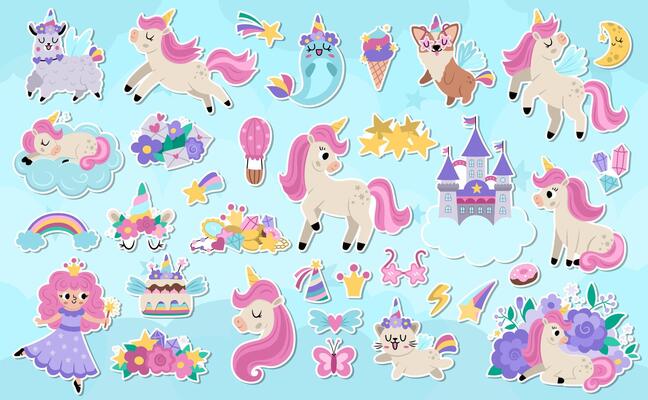 Big unicorn stickers set. Fairytale patch icon collection with funny fairy princess, rainbow, castle, falling star. Cute flat magic fantasy world offset illustrations on blue abstract background