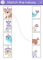 Unicorn connect the halves worksheet. Fairytale matching game for preschool children with animals with horns and rainbow tails. Match heads and tails activity with cat, corgi dog, llama, narval vector