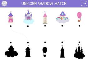 Unicorn shadow matching activity with castle, fairy house on cloud, towers. Magic world puzzle with cute buildings. Find correct silhouette printable worksheet, game. Fairytale page for kids vector