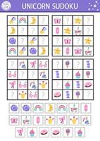unicorn sudoku puzzle for kids with pictures. Simple fairytale quiz with cut and glue elements. Education activity or coloring page with rainbow, crystal, falling star. Draw missing objects vector