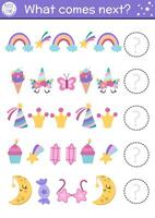 What comes next. Unicorn matching activity for preschool children with traditional symbols. Funny fantasy world puzzle. Magical logical worksheet. Continue the row game with rainbow, star vector