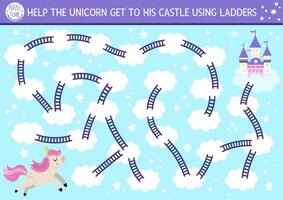 Unicorn maze for kids with sky, rainbow. Magic world preschool printable activity. Simple fairytale labyrinth game or puzzle. Help the pony get to castle on clouds using ladders vector