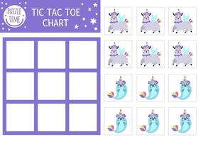 unicorn tic tac toe chart with cute animals with horns. Magic, fantasy world board game playing field with cute llama and narval. Fairytale printable worksheet. Noughts and crosses grid vector