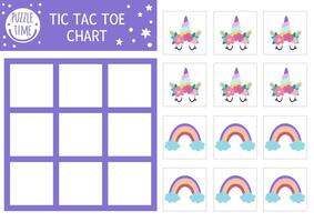 unicorn tic tac toe chart with fairy and rainbow. Magic, fantasy world board game playing field with cute characters. Fairytale printable worksheet. Noughts and crosses grid vector