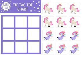 unicorn tic tac toe chart with fairy and horse with horn. Magic, fantasy world board game playing field with cute characters. Fairytale printable worksheet. Noughts and crosses grid vector