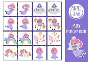 unicorn memory game cards with cute fairy princess. Magic, fantasy world matching activity. Remember and find correct card. Fairytale printable worksheet for kids vector