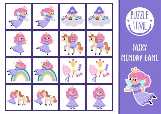 unicorn memory game cards with cute fairy princess. Magic, fantasy world matching activity. Remember and find correct card. Fairytale printable worksheet for kids