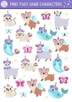 Find two same unicorn animals. Magic world matching activity for children. Fantasy or fairytale educational quiz worksheet for kids for attention skills. Simple printable game vector