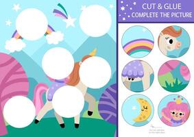 unicorn cut and glue activity. Fairytale crafting game with cute fairy, magic forest landscape. Fill up the scene with round sticker. Find the right piece of puzzle. Complete the picture vector