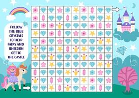 Unicorn maze, seek and find game with gems, stars, flowers. Attention skills puzzle. Fairytale printable activity for kids. Logical searching puzzle. Follow crystals to help the fairy get to castle vector