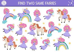 Find two same fairy girl. Magic world matching activity for children. Fantasy or fairytale educational quiz worksheet for kids for attention skills. Simple printable game with cute little princess vector