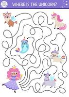 Maze for kids with fairy and fantasy animals with horns. Magic world preschool printable activity with cute characters. Simple fairytale labyrinth game. Where is the unicorn puzzle vector