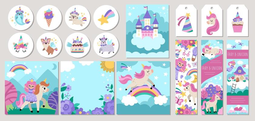 Cute unicorn cards set with fairy princess, castle, rainbow. magic fantasy world square, round, vertical print templates and nature scenes. Fairytale design for tags, postcards, party