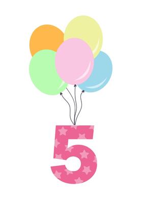 5th birthday party decoration. Number five with colorful balloons. Flat illustration isolated on white.