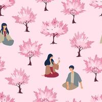 Hanami. illustration of spring scene with people relaxing under blooming cherry blossom trees. vector