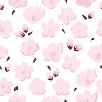 Seamless pattern of pink cherry blossoms and buds with scattered petals on a white background. Ideal for fabric design, stationery, spring-themed decor, and digital art. vector