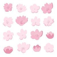 set of various pink cherry blossom flowers in a minimal style on a white background. vector