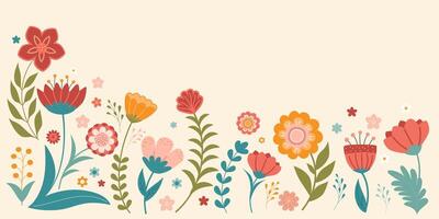 illustration of colorful whimsical flowers and leaves arranged in a horizontal border design, perfect for spring-themed projects, invitations, or decorative backgrounds. vector