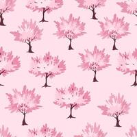 Seamless pattern of cherry blossom trees in soft pink tones on a pastel pink background. Perfect for fabric design, stationery, spring-themed decor, and digital projects. vector