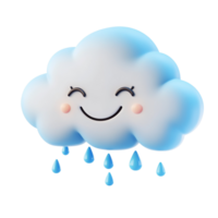 Cute 3D Cartoon Cloud with a Smiling Face and Raindrops Isolated on transparent Background png