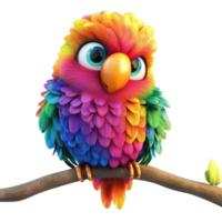 3D Cartoon Parrot with Bright Rainbow Feathers Perched on a Tree Branch Isolated on transparent Background png