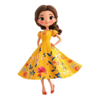 3D Cartoon Girl with Bright Yellow Dress and Floral Design Smiling Isolated on transparent Background png