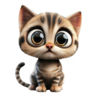3D Cute Cartoon Cat with Big Eyes and Playful Tail Sitting Isolated on transparent Background png