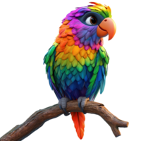 3D Cartoon Parrot with Rainbow Feathers and Playful Pose Perched on a Tree Branch Isolated on transparent Background png