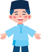 Happy smiling muslim kid open arm pose welcome gesture flat design png