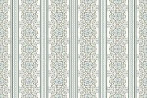 Seamless pattern with vertical stripes and geometric floral designs. Blue and green ornate background for wallpaper, textile. Classic traditional backdrop with scrolls in oriental style vector