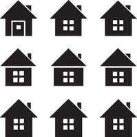 a collection of nine different types of houses. All the houses are black and white a vector