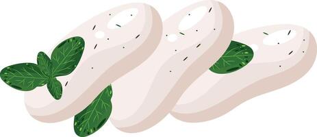 pieces of soft cheese namely mozzarella with basil leaves and spices on it, for various menus, posters or designs vector