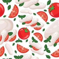 seamless pattern with caprese salad and basil leaves and slices of red tomatoes and whole tomatoes, for various posters, banners or packaging vector
