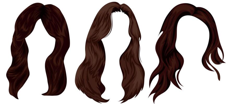 set of templates of brunette female, long hair for female characters, cascade hairstyle