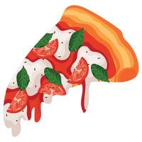 icon of a crispy piece of pizza called Margherita with mozzarella, tomatoes, basil leaves and tomato sauce, for various designs, posters and textiles vector