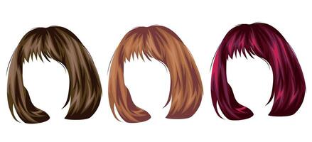 set of patterns of women's short hair with bangs in different colors, namely brown, light blond and red colors, for characters, various designs vector