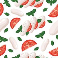 seamless pattern with caprese salad and basil leaves and slices of red tomatoes, for various posters, banners or packaging vector