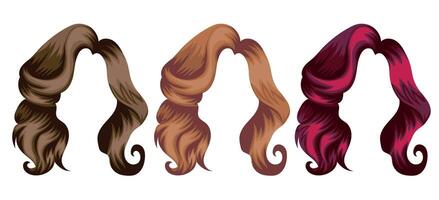 set of patterns of female curly hair and different colors, namely brown, light blond and red colors, for characters, various designs vector