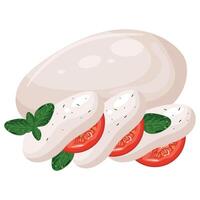 piece of thinly sliced cheese with tomatoes and basil leaves called caprese salad, for various designs, posters or banners vector
