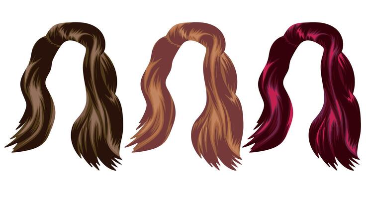 set of templates for women's medium length hair with side bangs in different colors, namely brown, light blond and red colors, for characters, various designs