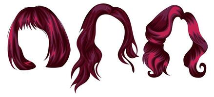 set of female hair patterns of different lengths of bright red color and various lengths, for characters, various designs vector