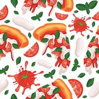 seamless pattern with slices of Margherita pizza from ingredients that are in this pizza, namely mozzarella, tomatoes and basil, for textile or packaging vector