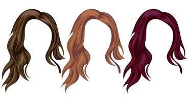 set of women's hair patterns and different colors, namely brown, light blond and red colors, for characters, various designs vector
