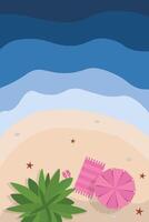 Hello summers poster. Top view island beach background with umbrella. Summer vacation banner vector