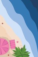 Hello summer banner. Bird view island beach background with umbrella. Summer vacation poster vector