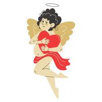 Cupid hugs a bright red heart with love and affection vector