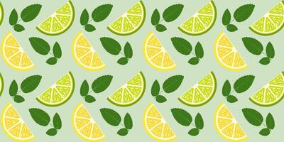 Seamless pattern with slices of lemon, lime and springs of mint vector