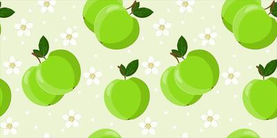 Seamless pattern with green apples and flowers vector