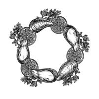 Round frame with mussels, lemon and herbs. Hand-drawn illustration. Black and white image of seafood. Separate from the background. Suitable for menus, recipe books, packages, labels and banner vector