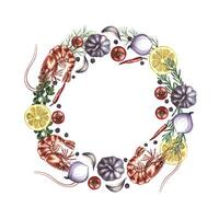 Round frame with shrimp and vegetables. A hand-drawn watercolor illustration. A color template featuring seafood and vegetables. On a white background. For menus, recipe books, packages. vector